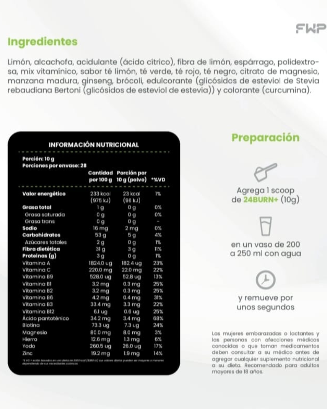 Quemador De Grasa FWP 24BURN+ Té Limón 280g Limón